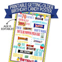 a birthday poster with the words, printable getting older birthday candy poster