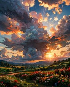 a painting of the sun setting over a field with flowers and clouds in the sky