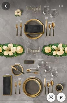 a table setting with gold and black plates, silverware and flowers on the side