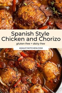 spanish style chicken and chorizo in a skillet with the title above it