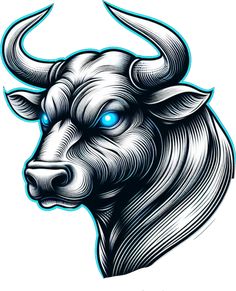 the head of a bull with blue eyes and long horns on it's face