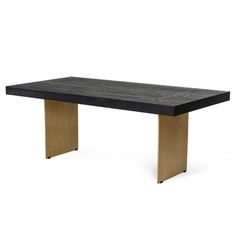 a black table with gold legs and a wooden top on an isolated white background,