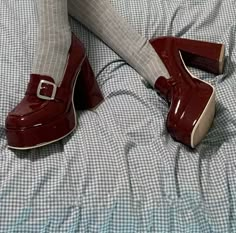 Red Black And White Outfit Ideas, Red Platforms Aesthetic, Red Maryjanes Shoes, Mary Jane Platform Shoes Red, Dark Red Platform Heels, Red Mary Jane Heels, Red Mary Jane Shoes, Red Platform Heels, Look 80s