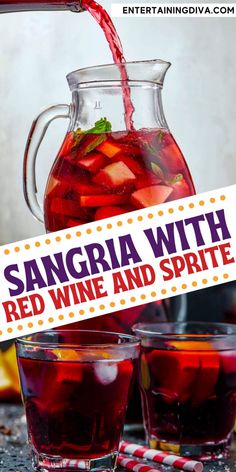 sangria with red wine and spirite is being poured into two glass mugs