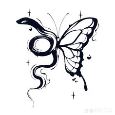 a black and white drawing of a butterfly with swirls on it's wings