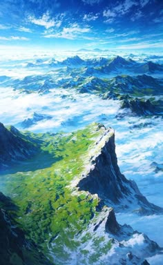 an aerial view of mountains and clouds in the sky, with green grass growing on them