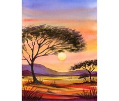 a painting of a sunset with trees in the foreground