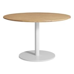 a round wooden table with white base