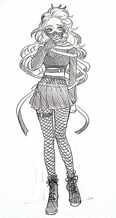 a drawing of a woman in fishnet stockings and high heeled boots with her hair blowing back