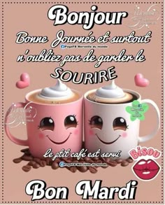 two coffee mugs with faces painted on them and the words bonjour written in french