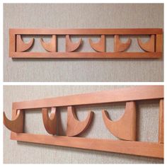 two pictures of wooden shelves on the wall