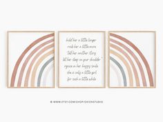 three framed art prints with rainbows and the words, hold for a little things