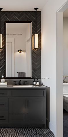 a bathroom with two sinks and a large mirror on the wall above it, next to a bathtub