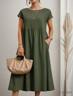 Lasaky - Sleeveless Loose-Fit Cotton Linen Dress with Pockets Mid Skirt, Cotton Linen Dresses, A Line Shorts, Vestidos Vintage, Large Dress, Linnet, Crewneck Dress, Midi Dress With Sleeves, Aaliyah