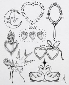 a drawing of various tattoos on paper with ink pen and marker pens, including two hearts,