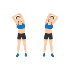 a woman in blue top and black shorts doing exercises with her hands behind her head