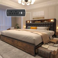 a large bed sitting under a ceiling light in a bedroom next to a night stand