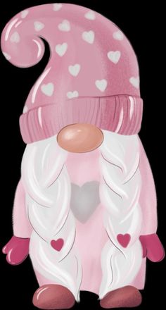 a pink and white gnome with hearts on it's hat