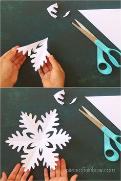 paper snowflakes are cut out and placed on the table with scissors to make them