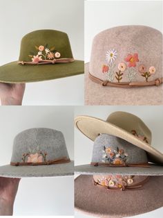 Hand Embroidered 100% wool wide brim hats. These hats are Universal Thread Brand by Target. Leave me a note in 'personalization' with any requests you have for style of florals, color scheme, etc. Pictures of past examples are in the listing, and check out my instagram (@FoxKnollCo) to see more designs for inspiration! DETAILS: -100% Wool -Adjustable sizing. There is an inner band that can be velcroed to create a smaller size. Adjustable between 21.75-22.25 inches. Fits my 22 inch head great! Embroidery Hat Designs, Felt Hat Embroidery, Custom Felt Hat With Curved Brim For Fall, Embroidered Curved Brim Winter Hat, Custom Brimmed Felt Hat For Spring, Custom Spring Brimmed Felt Hat, Spring Felt Brimmed Hats, Spring Curved Brim Felt Hat, Embroidered Felt Hat