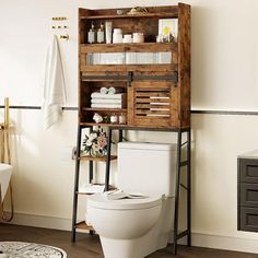 a bathroom with a wooden shelf over the toilet