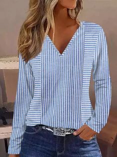 Zolucky offers stylish and concessional T-shirts.. SPU: 2942T-8U3E71, Color: Blue, Material:Knitted, Sleeve Length:Long Sleeve. Stretch V-neck Top With Graphic Print, Striped Stretch V-neck Top, Casual Striped V-neck Top, Casual Blue V-neck Top, Stretch V-neck Tops With Graphic Print, Blue V-neck T-shirt For Fall, Striped Tops With Graphic Print For Fall, Blue V-neck Tops For Fall, Striped V-neck Top For Fall