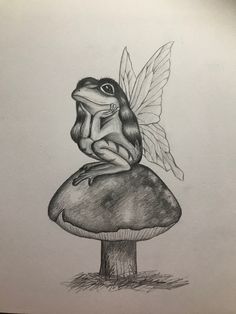 a pencil drawing of a frog sitting on top of a mushroom