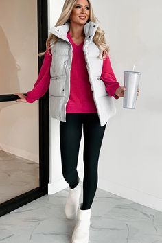 License To Chill Oversized Puffer Vest (Grey) · NanaMacs White Vest Winter, Fuzzy Vest Outfit, White Vest Outfits For Women, White Puffer Vest Outfit, Style Puffer Vest, White Vest Outfit, Red Coat Outfit, Oversized Puffer Vest, Vest Outfits For Women