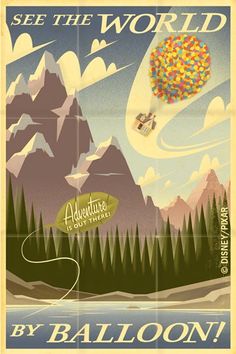 an old poster advertising balloon rides in the world, with mountains and trees behind it