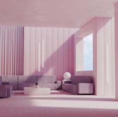 a living room with pink walls and couches in the center, on top of a carpeted floor