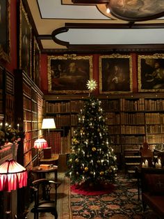 a decorated christmas tree in the middle of a library