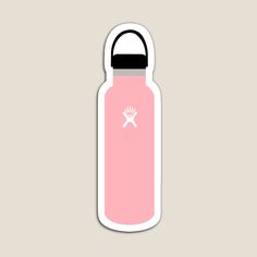 a pink water bottle with a white sticker on it