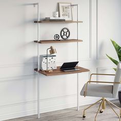 Wood Wall Mount Ladder 2-Shelf Desk Reclaimed Oak-Matte White Small Computer Table, James Theo, Leaning Ladder Desk, Ladder Desk, Leaning Ladder, Nathan James, Desk Diy, Wall Mounted Table, Ladder Bookshelf