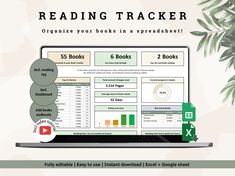 a laptop computer sitting on top of a desk with text reading tracker organize your books in a spreadsheet