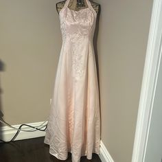 Blush Pink Satin Strapless Formal Dress With Bead Embellishments. Vintage Circa The Early 2000s. Good Condition. Feminine Embellished Evening Dress For Wedding, Wedding Evening Dress With Beaded Straps, Pink Wedding Dress With Beaded Straps, Elegant Sleeveless Pink Wedding Dress, Sleeveless Beaded Gown, Elegant Pink Embellished Wedding Dress, Wedding Gown With Beaded Straps, Strapless Formal Dress, Satin Formal Dress