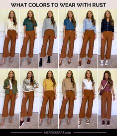 Rust Dress Pants Outfit, Rust Color Pants Outfit Fall, Colored Pants Outfits Work, Rust Orange Pants Outfit, Rust Shirt Outfit, What To Wear With Brown Pants, Rust Colored Pants Outfit, Burnt Orange Pants Outfit, Rust Pants Outfit