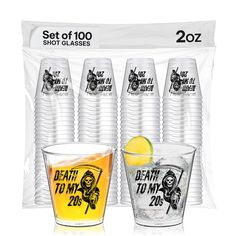 six shot glasses with different designs and logos on the cups are shown in front of each other