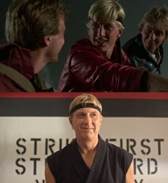 two different pictures of people in costumes and one has his arm wrapped around the other