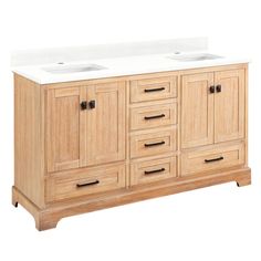 a bathroom vanity with two sinks and wooden cabinetry on the top, against a white background