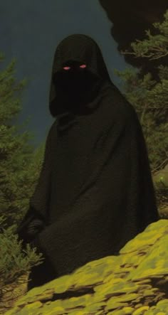 a person in a black cloak and red eyes sitting on a rock next to some trees