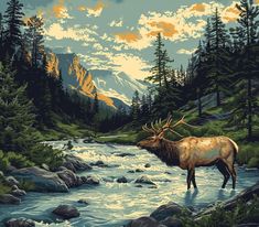 a painting of an elk standing in the middle of a river