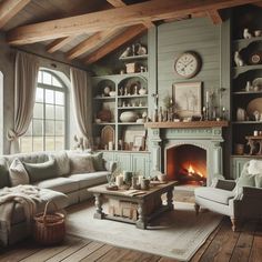 a living room filled with furniture and a fire place in the middle of a room