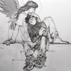 a drawing of an angel holding a man in his lap and sitting on the ground