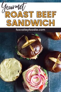 some food is laying out on a table with the words gourmet roast beef sandwich