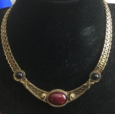 Vintage Gold Plated Choker with Red Bead with matching clip on earrings. High quality costume jewelry. One Previous owner. Affordable Handmade Vintage Choker, Maegor Targaryen, Rhaena Targaryen, Helaena Targaryen, Aegon Targaryen, Visenya Targaryen, Gothic Medieval, Eldest Daughter, Goddess Jewelry