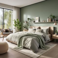 a bedroom with a large bed and lots of plants on the shelves above it in front of a window