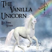 the white unicorn is running through the water with a rainbow in the sky behind it