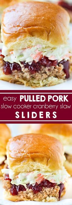 pulled pork slow cooker cranberry slaw sliders on a white plate