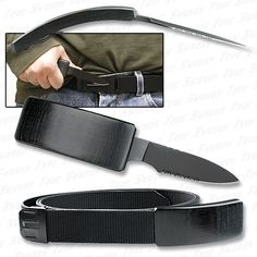 a black belt with a knife in the center and an image of a man's hand on it