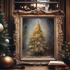 a painting of a christmas tree in a frame on a mantle with ornaments around it